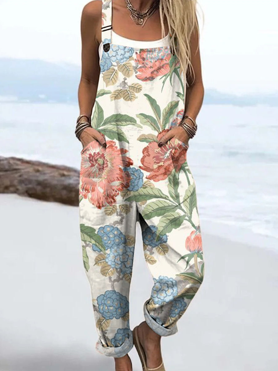 Women's Vintage Art Flower Print Casual 100% Cotton Wide Leg Jumpsuit