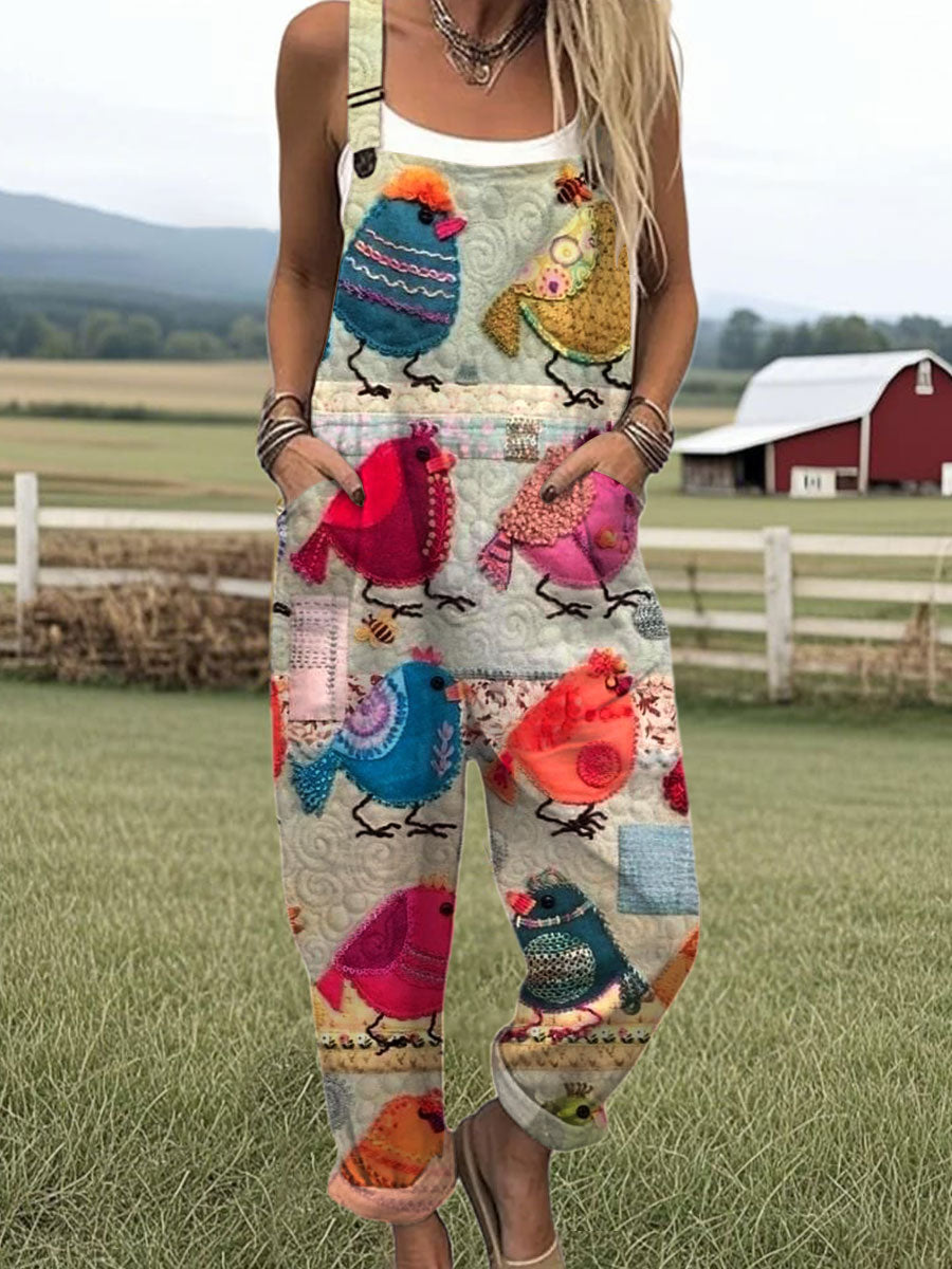 Women's Funny Chick Art Print Casual 100% Cotton Wide Leg Jumpsuit