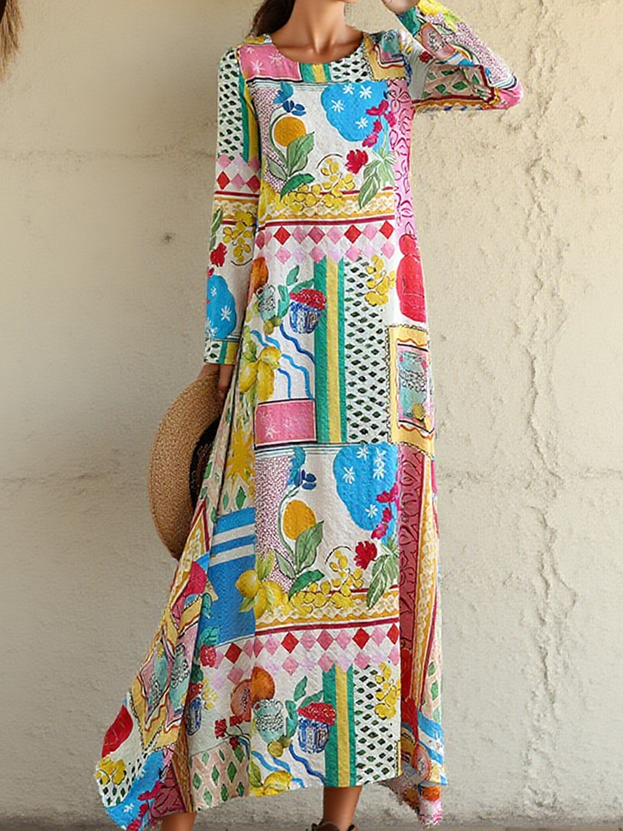 Women's Loose Plaid Lemon Print A-Line Dress