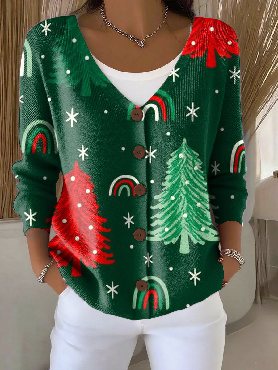 Christmas Tree Print Buttoned V-neck Cardigan Sweater
