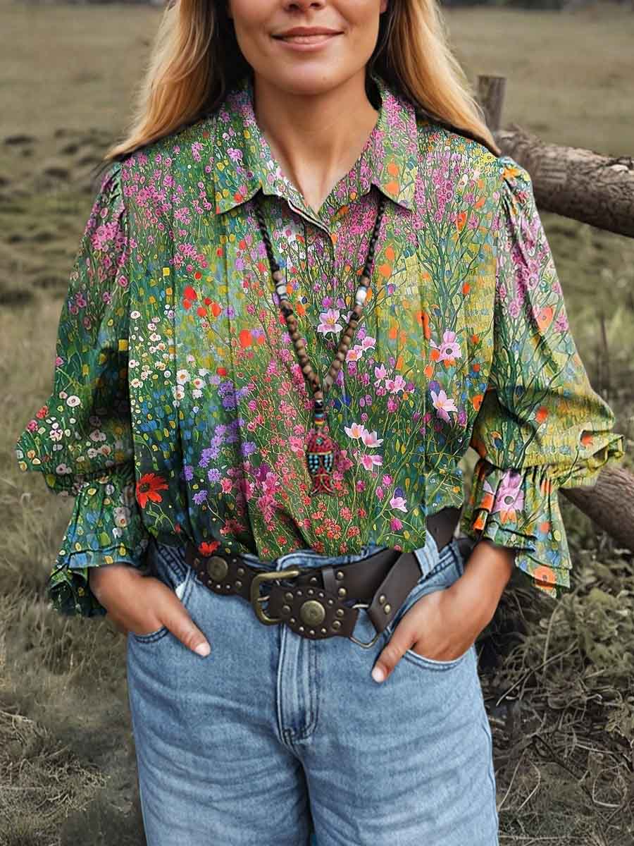 Women's Retro Floral Lapel Long Sleeve Pleated Casual Cotton and Linen Shirt
