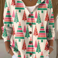 Women's Beautiful Winter Colorful Christmas Tree Painting Art Print Casual Hooded Button Sweater