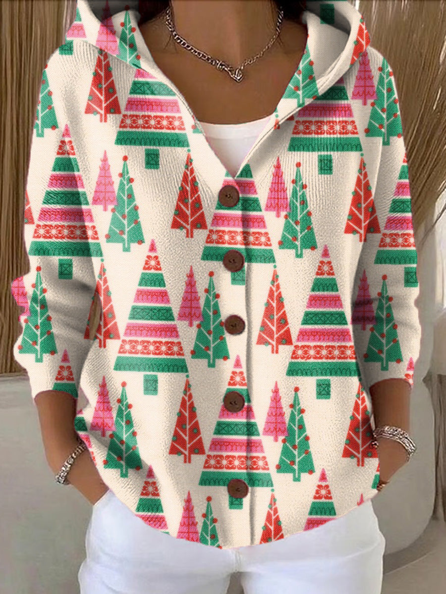 Women's Beautiful Winter Colorful Christmas Tree Painting Art Print Casual Hooded Button Sweater