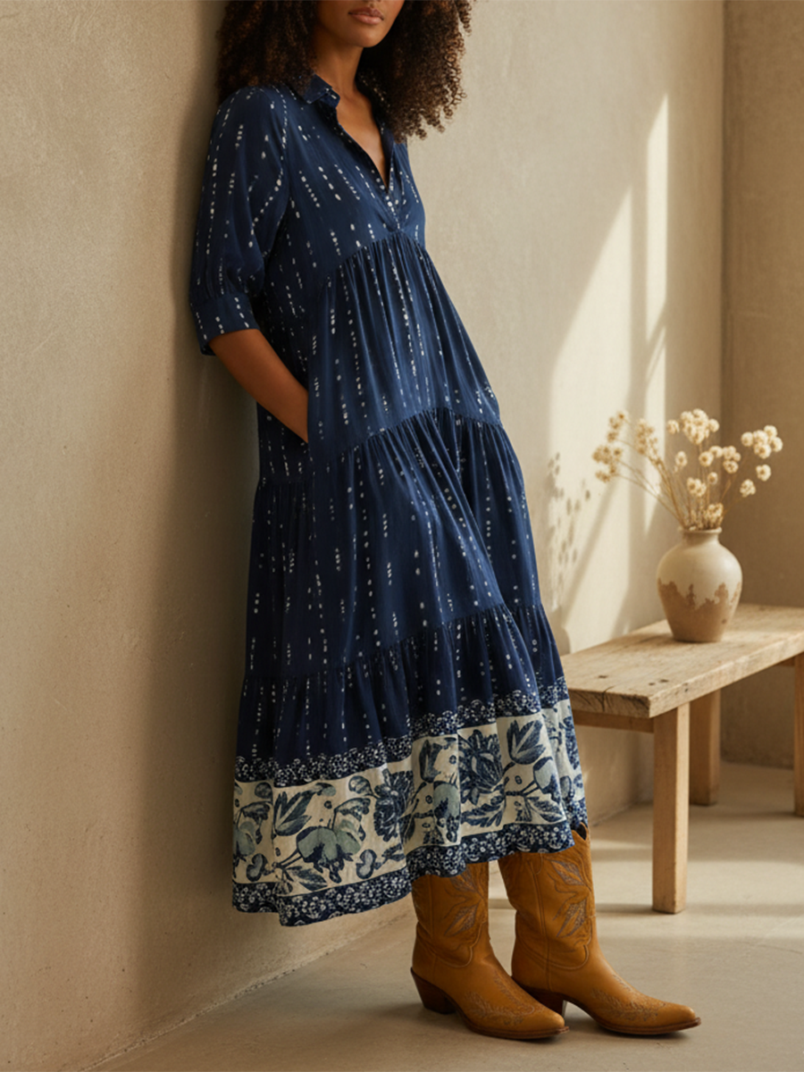 Women's Comfort Striped Floral Multi-Layered Hem Dress