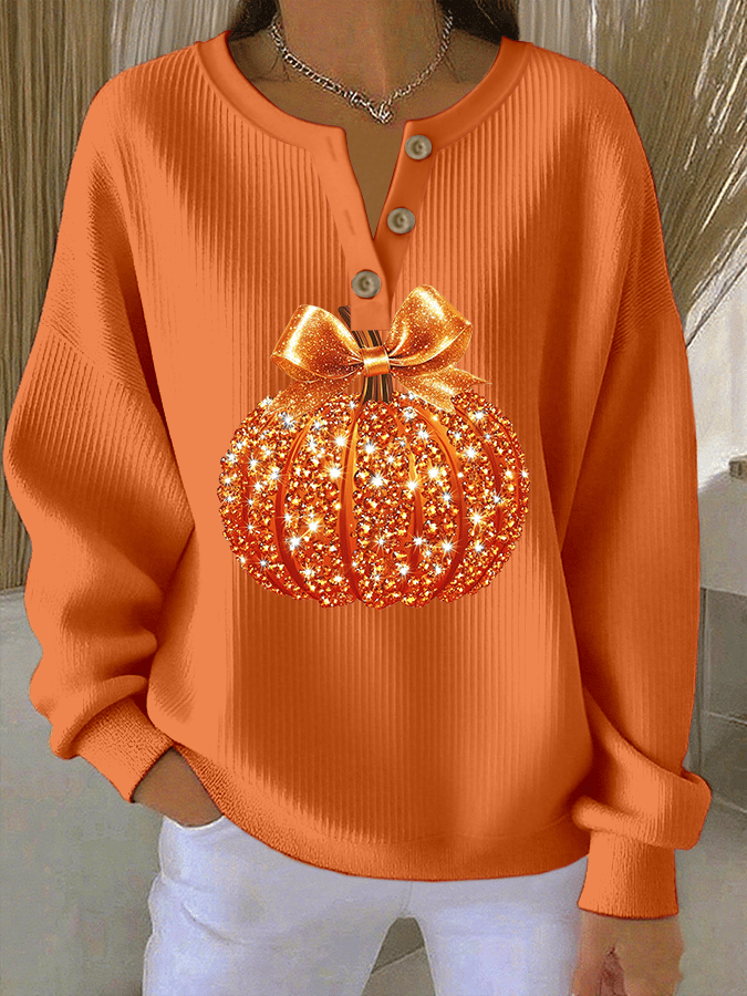 Women's Autumn Pumpkin Print Knit Crew Neck Button-Down Long Sleeve Top