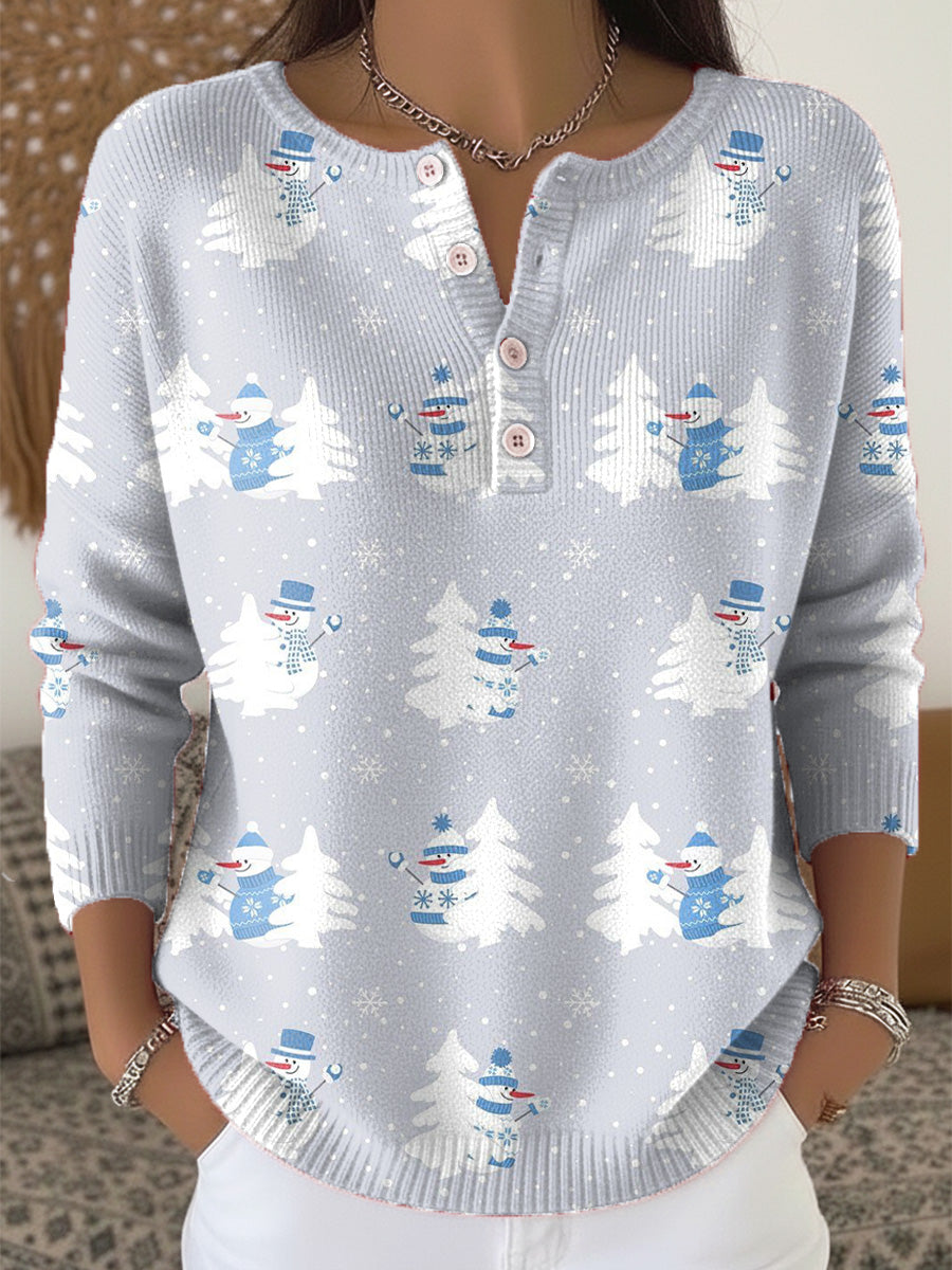 Beautiful Winter Snowman Christmas Tree Painting Art Print Buttoned Cardigan Sweater