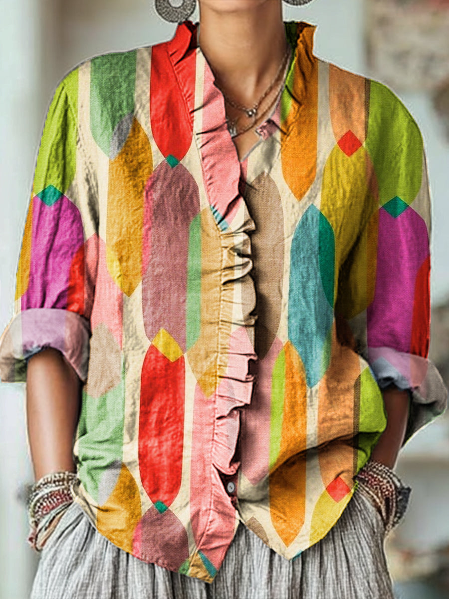 Women's Abstract Colorful Geometric Block Painting Art Print Casual Cotton And Linen Ruffle Shirt