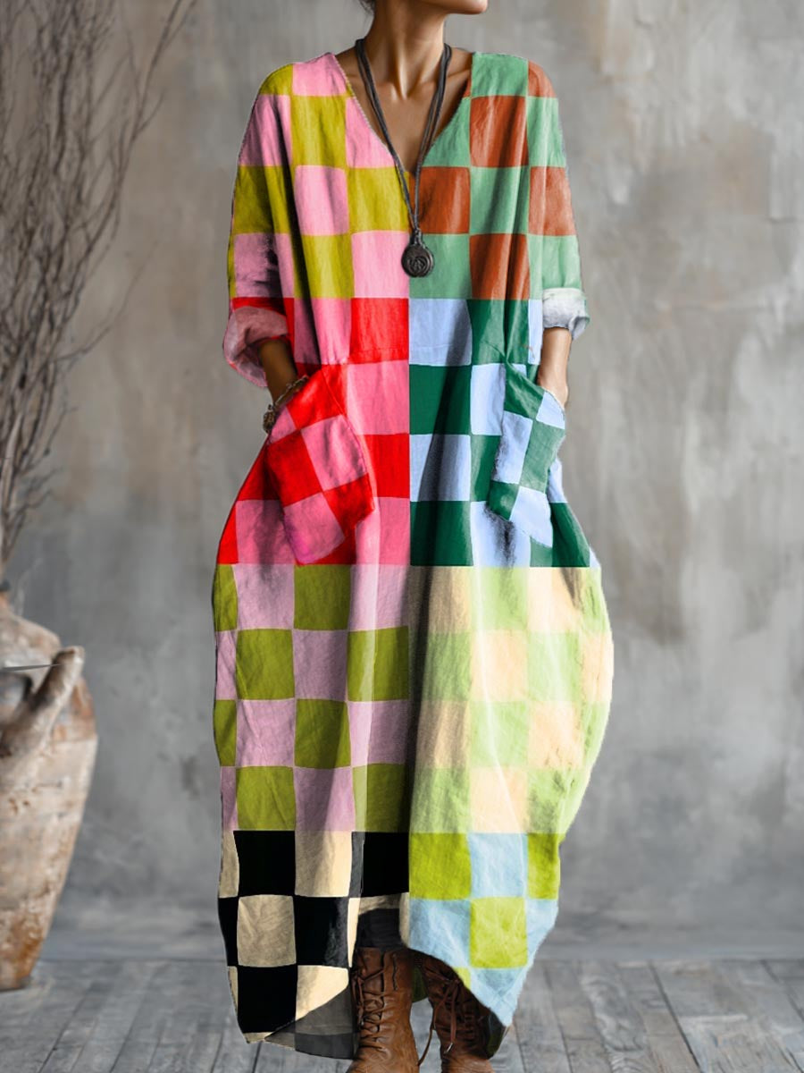 Women's Geometric Art Pattern Print Pocket V-neck Cotton Dress