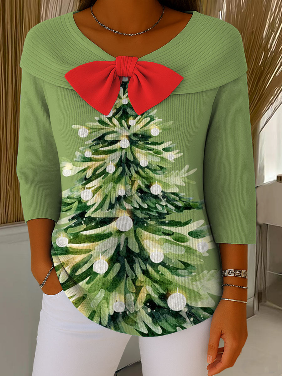 Women's Christmas Tree Art Print Buttoned Cardigan Sweater