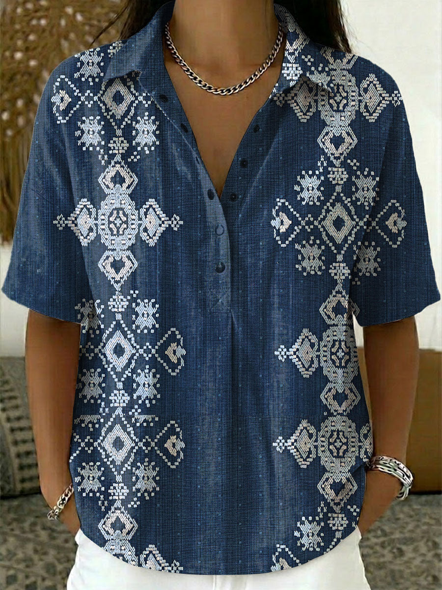 Women's Embroidery Patterns Print Casual Cotton-linen Shirt