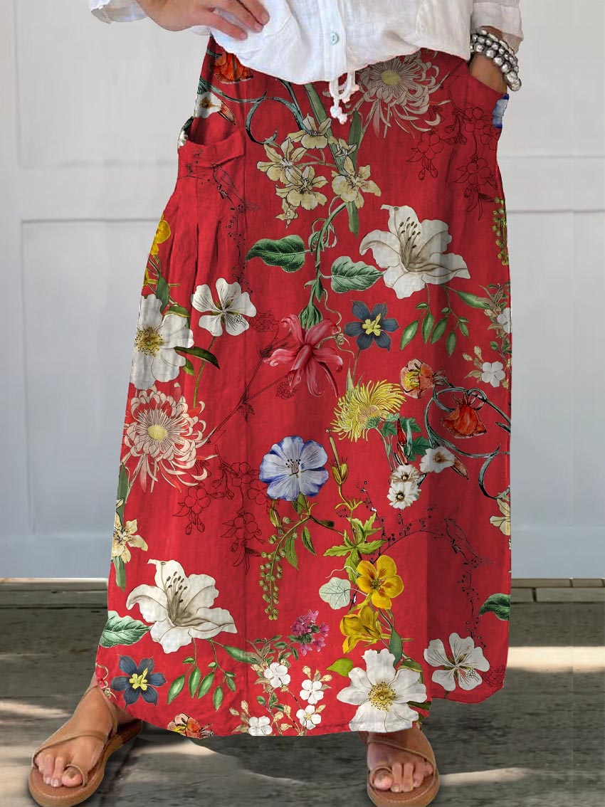 Women's Vintage Lovely Floral Art Print Casual Cotton Linen Pocket Skirt