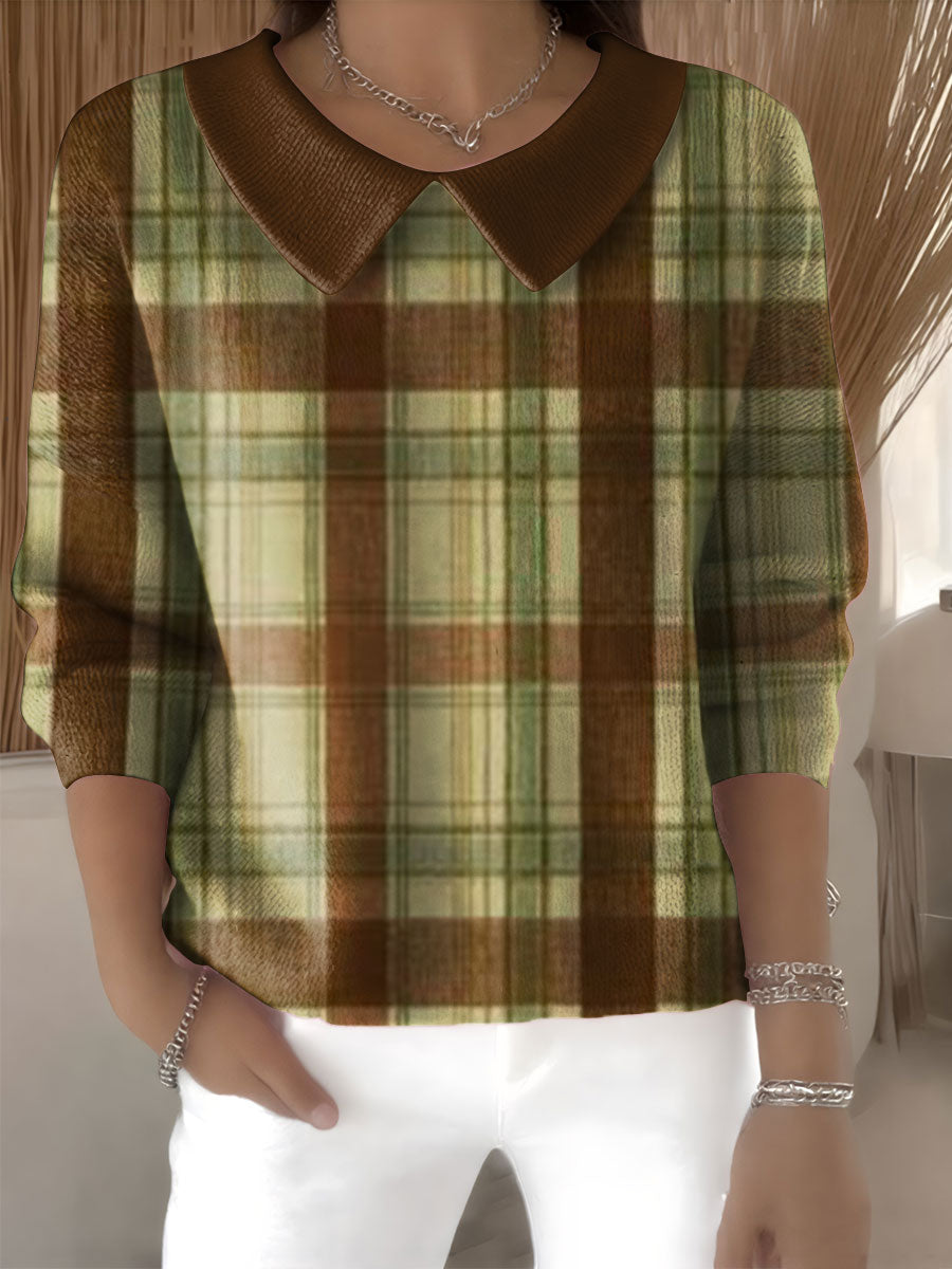 womens-retro-plaid-pattern-casual-print-peter-pan-collar-3-4-sleeve-sweater