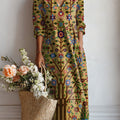 Women's Vintage Flower Art Print Linen Pocket Dress