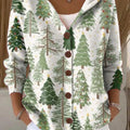 Women's Lovely Christmas Tree Art Printed Casual Hooded Button Sweater