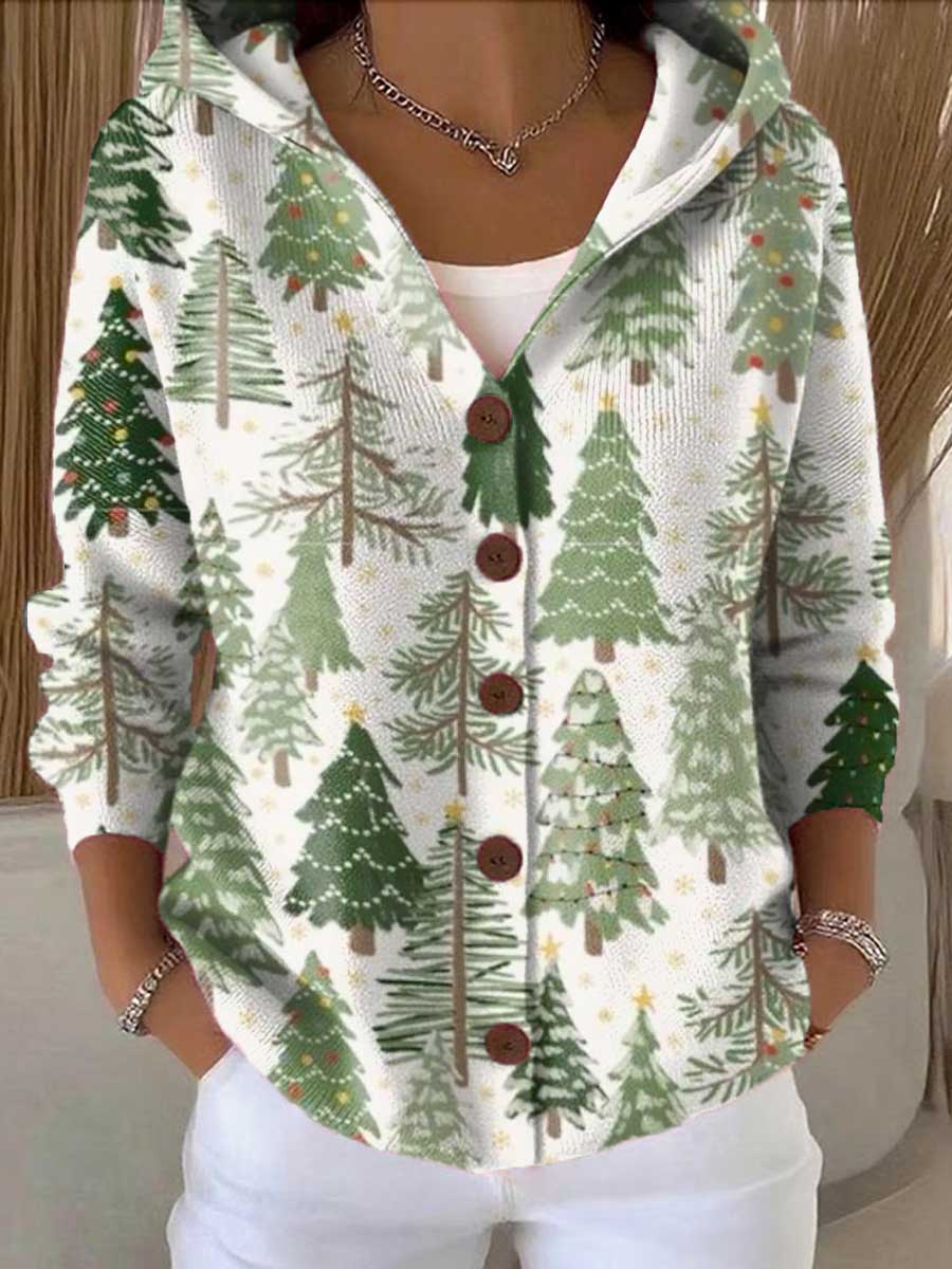 Women's Lovely Christmas Tree Art Printed Casual Hooded Button Sweater