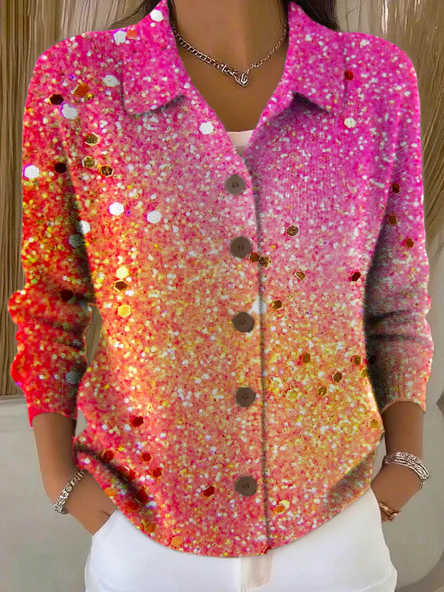 Women's Shiny Gradient Color Art Print Casual Cardigan Sweater
