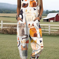 Women's Art Cute Cartoon Cat Print Casual 100% Cotton Wide Leg Jumpsuit