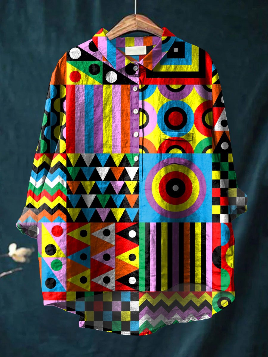 Abstrct Art Printed Women's Casual Cotton And Linen Shirt