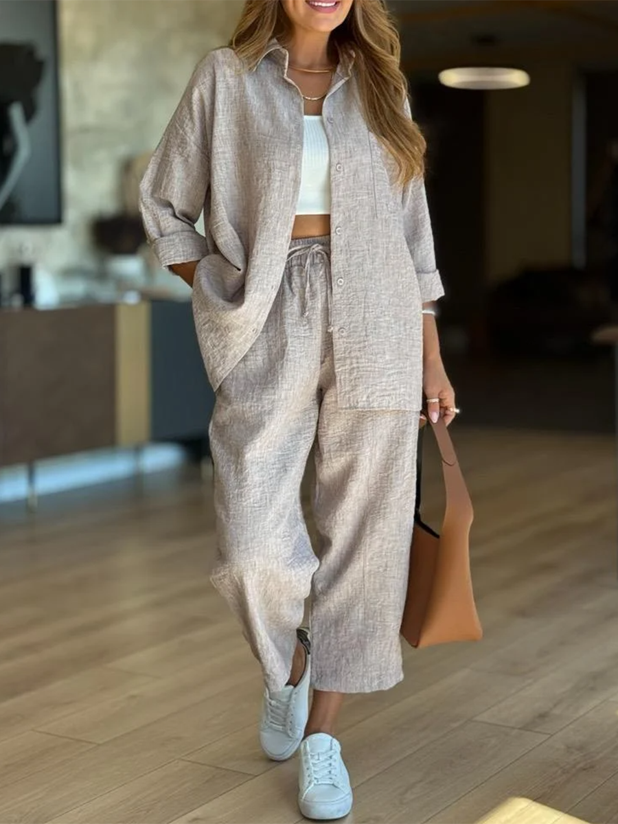 Women's Casual Shirt and Pants Cotton Two-piece Suit