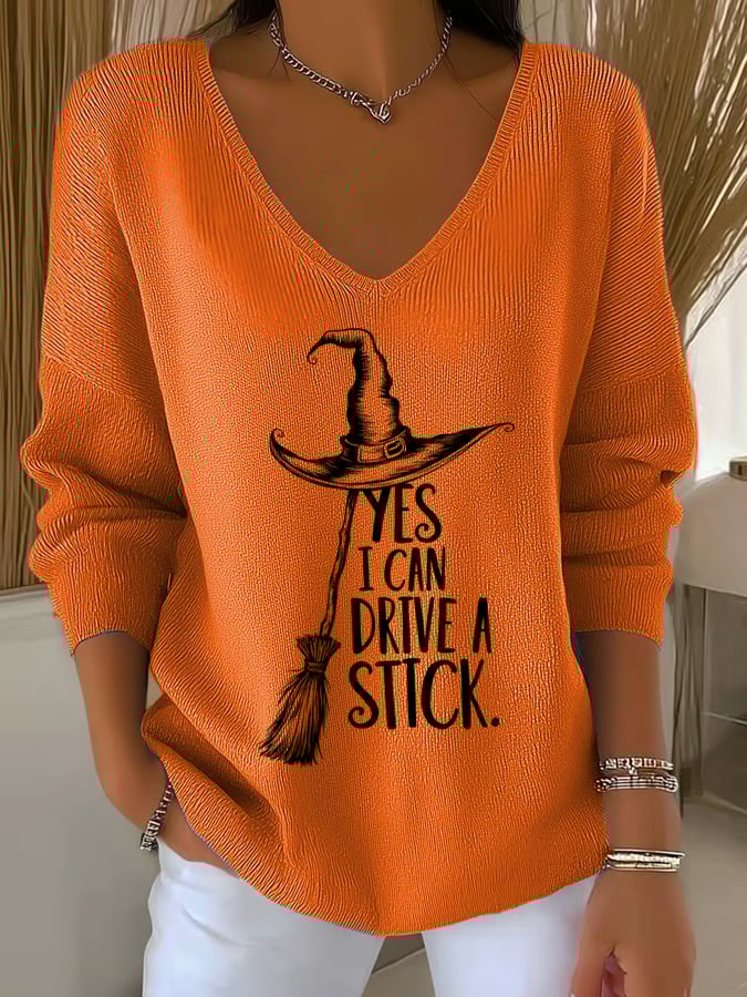 🔥Last Day 49% Off🔥Women'S Witch "Yes I Can Drive A Stick"  Print Drop Shoulder Sweater