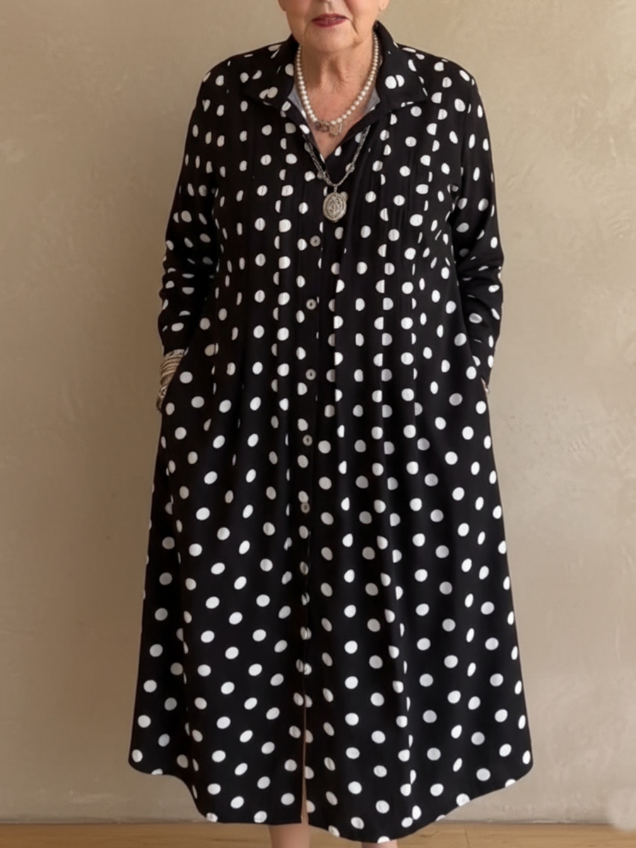 Women's Retro Pleated Polka Dot Print Lapel Midi Dress
