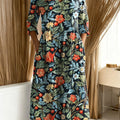 Damenkleid mit Vintage-Blumenmuster, Kunstdruck, lässigem Baumwoll-Leinen-Mischgewebe und Taschen 