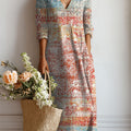 Women's Vintage Pattern Art Print Linen Pocket Dress