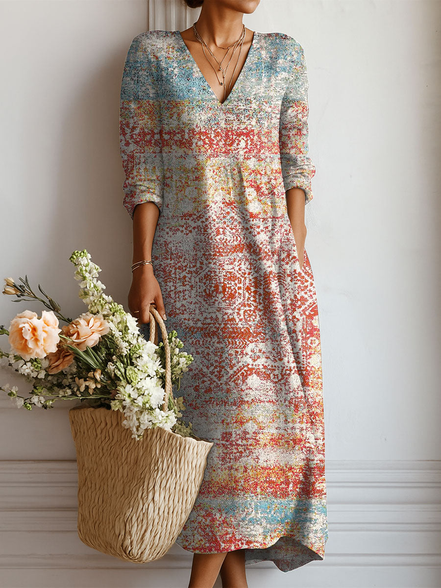 Women's Vintage Pattern Art Print Linen Pocket Dress