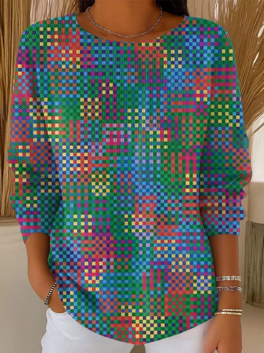 Women's Multicolor Line Check Art Print Casual Pullover Sweater