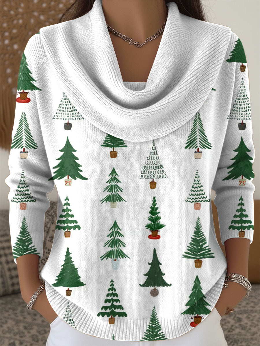 Women's Christmas Trees Pattern Print Cowl Neck Sweater