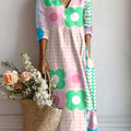 Women's Colorful Abstract Floral Plaid Painting Art Print Linen Pocket Dress