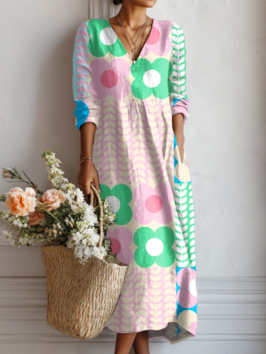 Women's Colorful Abstract Floral Plaid Painting Art Print Linen Pocket Dress