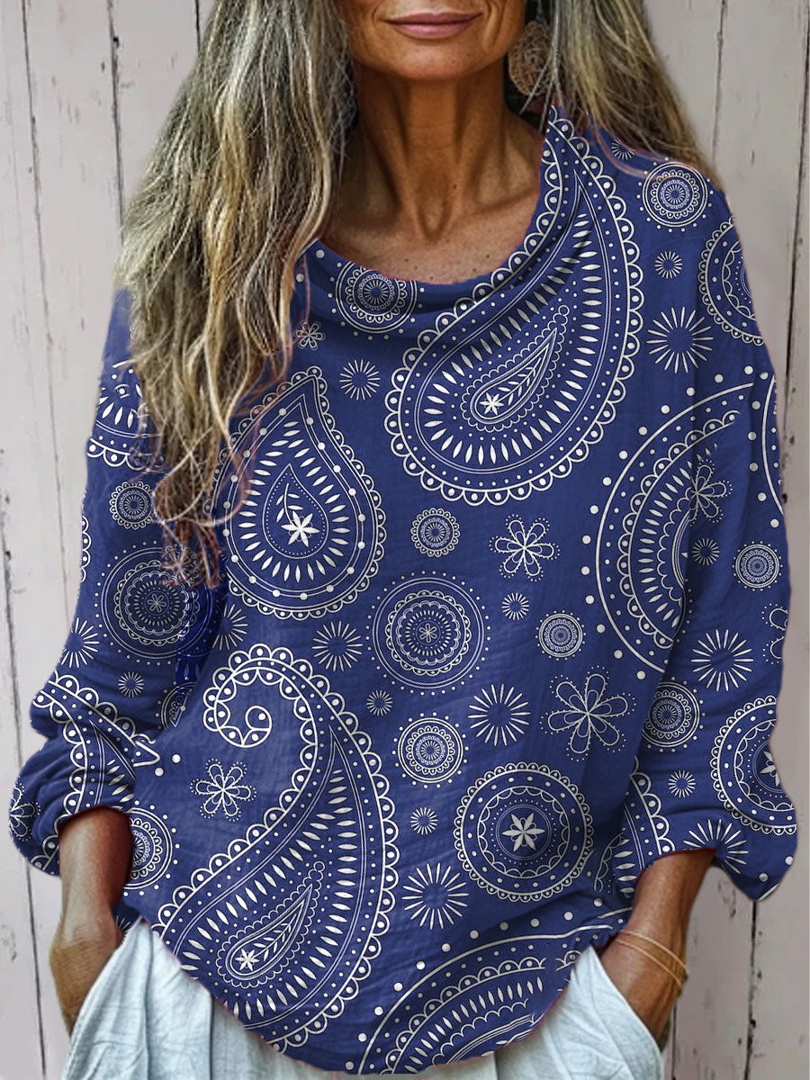 Women's  Vintage Cashew Flower Art Print Casual Long Sleeve Comfortable Cotton Shirt