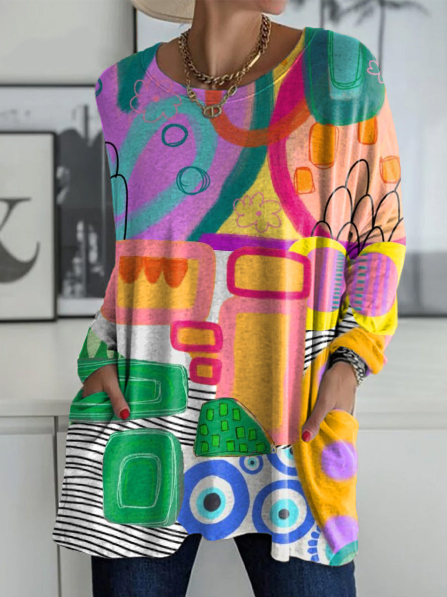 Women's Beautiful Colorful Abstract Geometric Graffiti Painting Art Print Casual Long Sleeve T-shirt