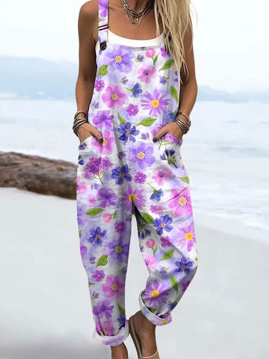 Women's Vintage Floral Art Print Casual 100% Cotton Wide Leg Jumpsuit