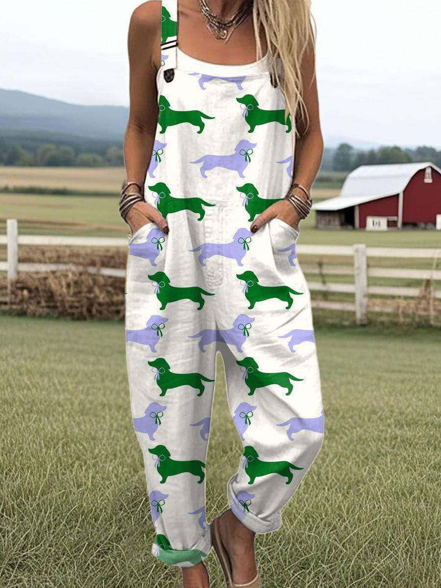 Women's  Funny  Dachshund Art Print Casual 100% Cotton Wide Leg Jumpsuit
