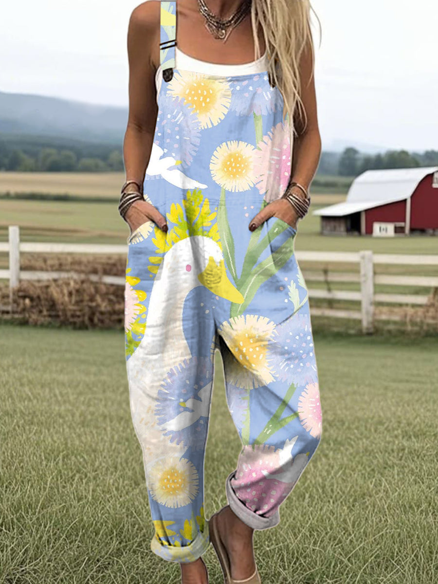 Women's Cute Duck Flower Painting Art Print Casual 100% Cotton Wide Leg Jumpsuit