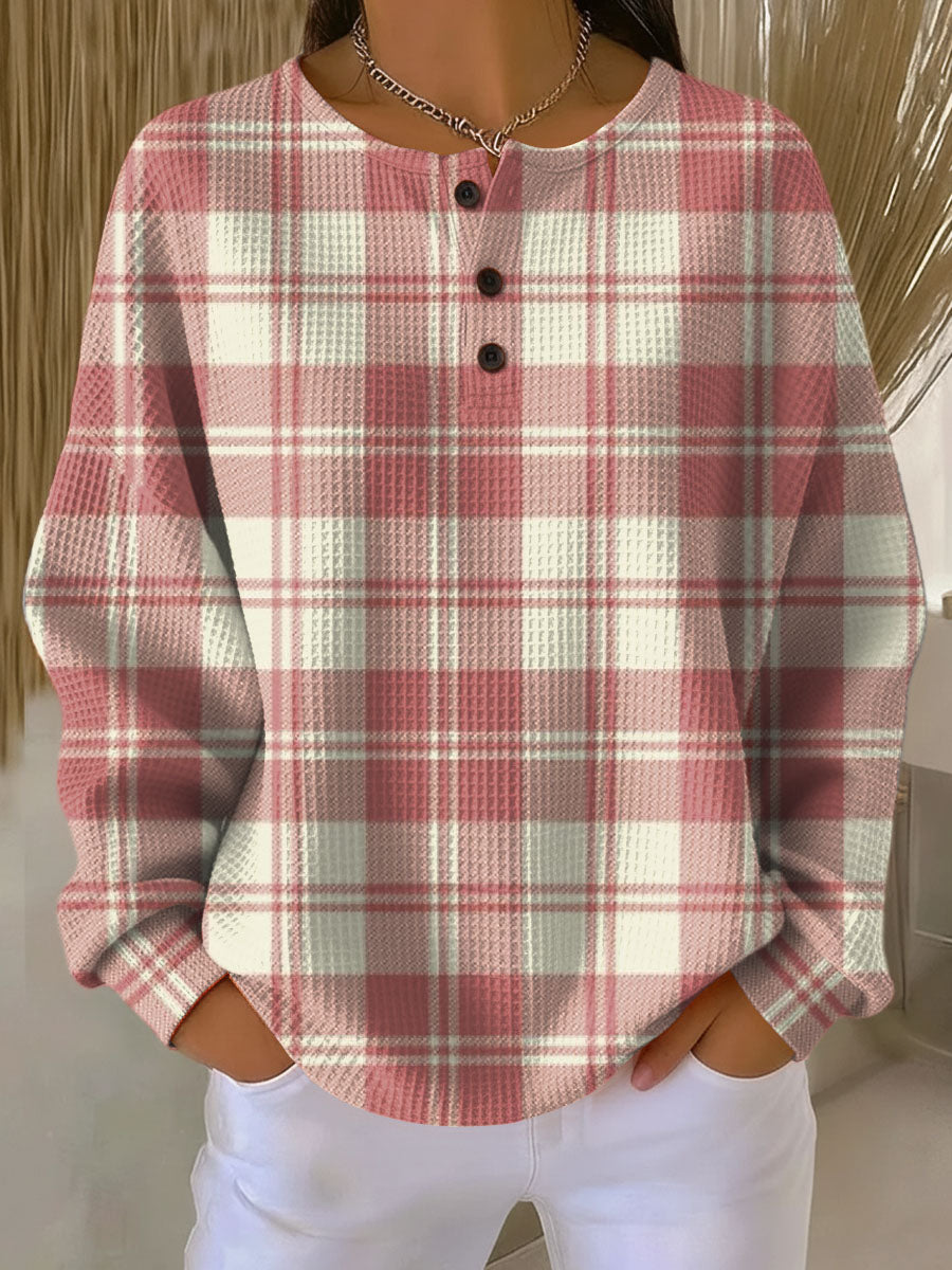 Women's Plaid Pattern Art Print Casual Waffle Henry Collar Sweatshirt