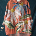 Women's Vintage Floral Pattern Art Print Casual Cotton And Linen Ruffle Shirt