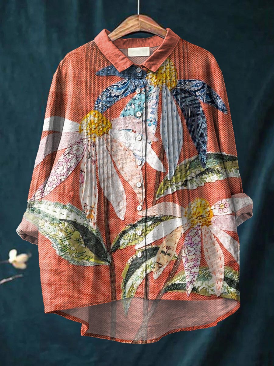 Women's Vintage Floral Pattern Art Print Casual Cotton And Linen Ruffle Shirt