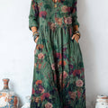 Women's Vintage Floral Painting Art Print Linen Pocket Tunic Dress