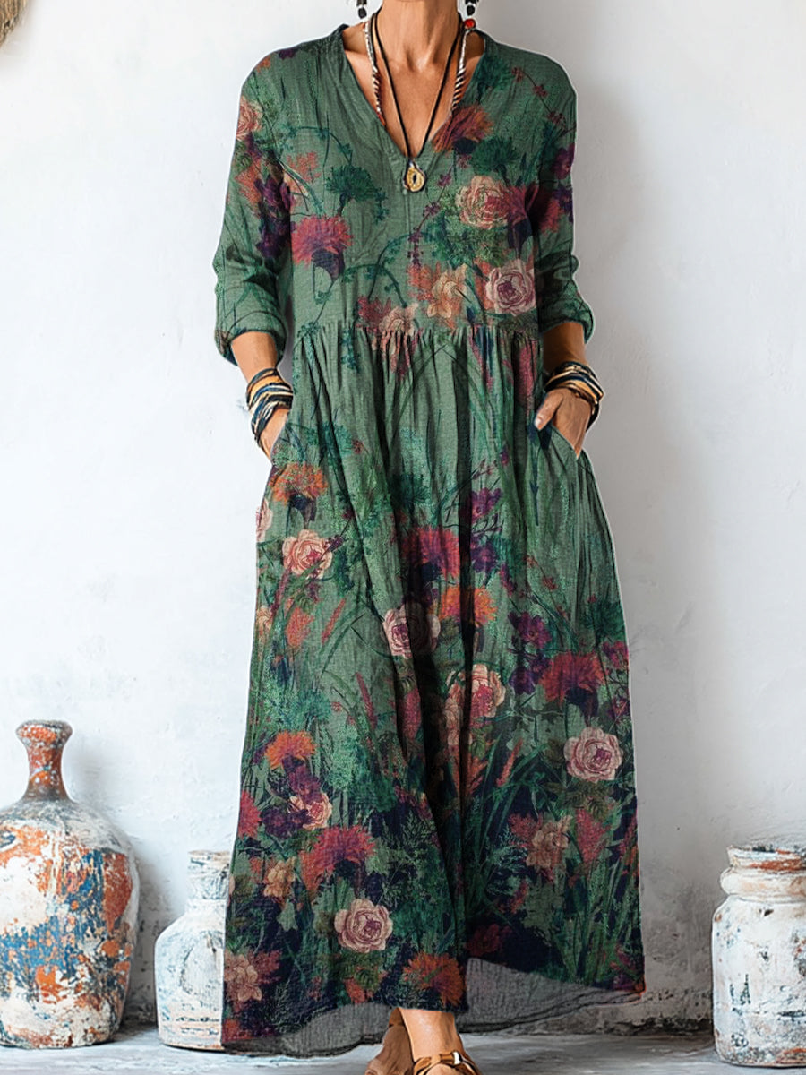 Women's Vintage Floral Painting Art Print Linen Pocket Tunic Dress
