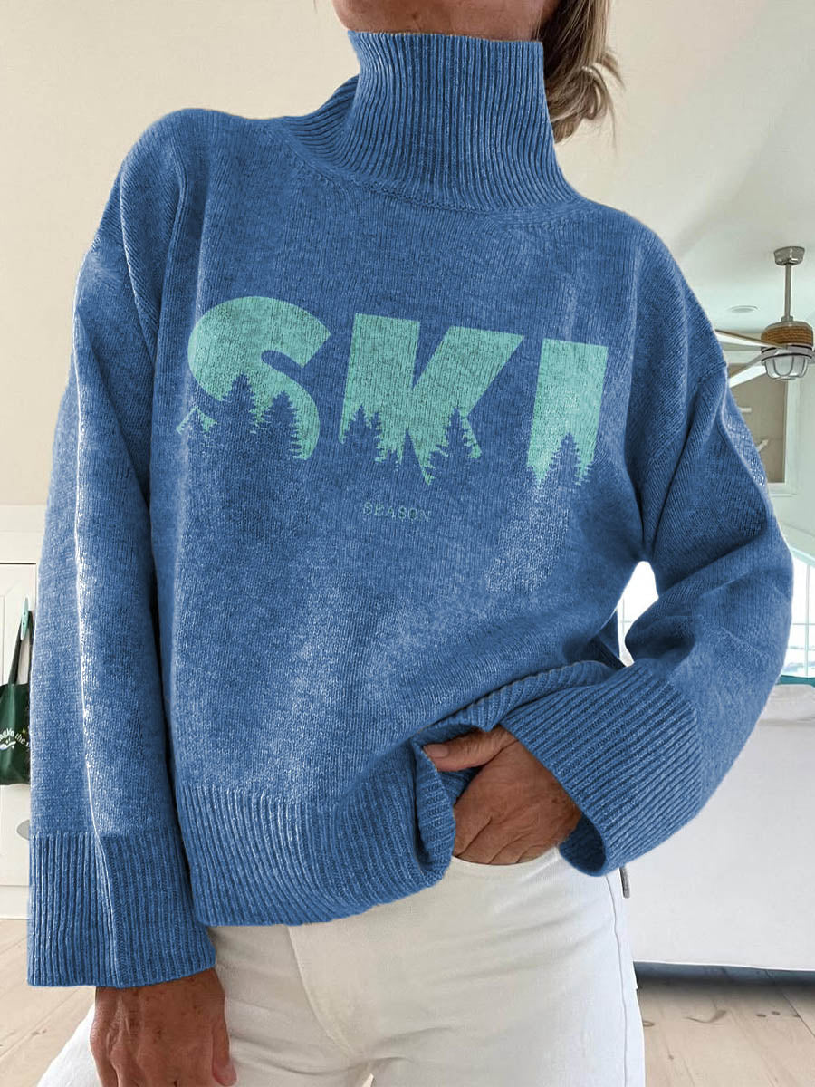Women's Ski Season Pattern Art Print Knit Turtleneck Pullover Sweater
