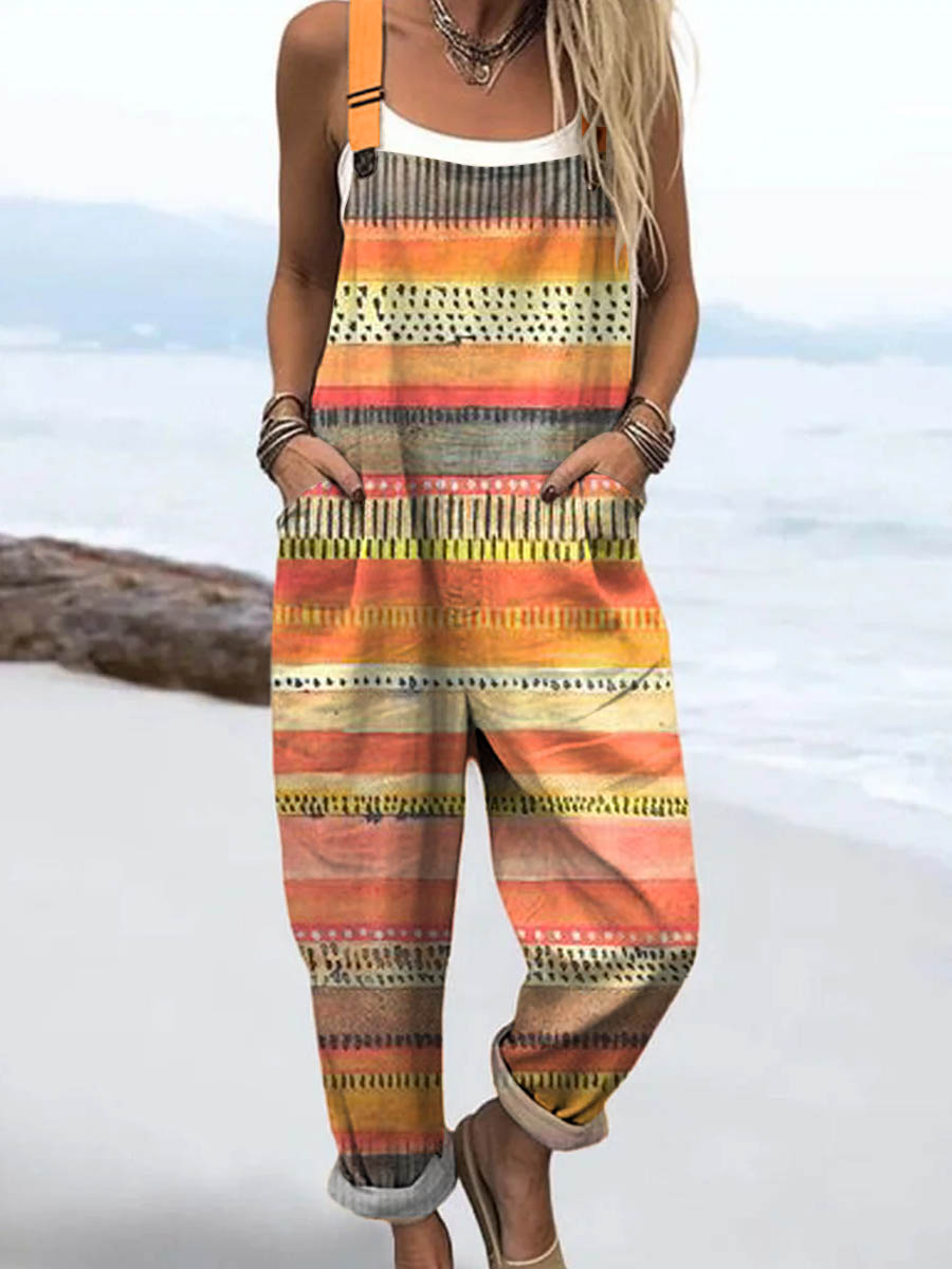 Women's Abstract Geometric Pattern Art Print Casual 100% Cotton Wide Leg Jumpsuit