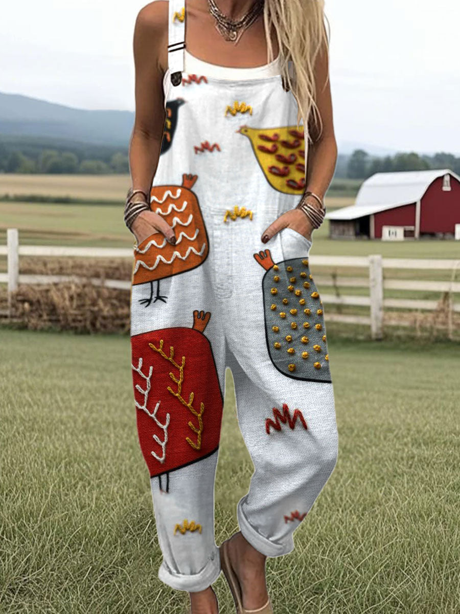 Women's  Funny Chicken Art Print Casual 100% Cotton Wide Leg Jumpsuit