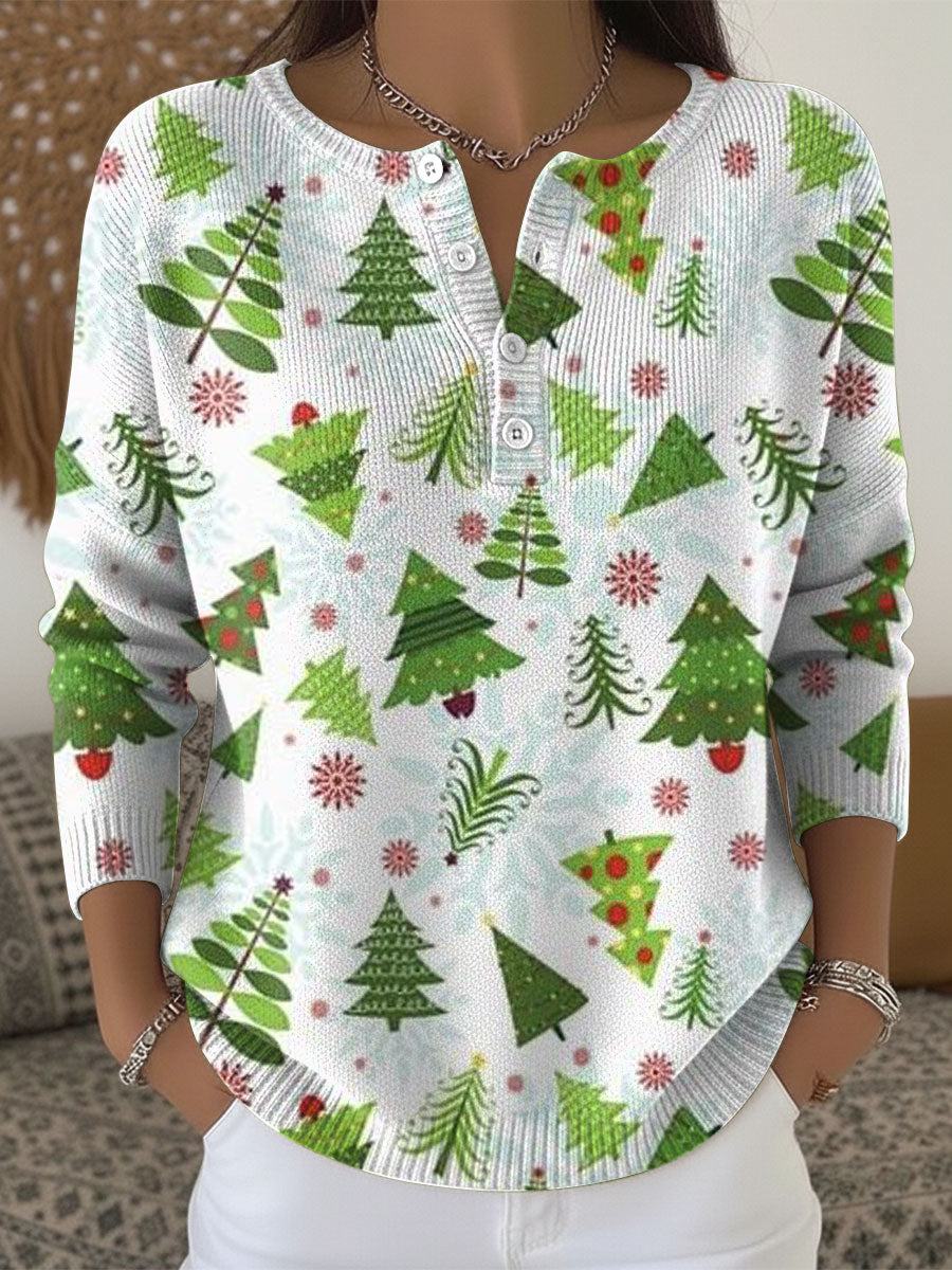 Women's Christmas Trees Pattern Art Print Buttoned Cardigan Sweater