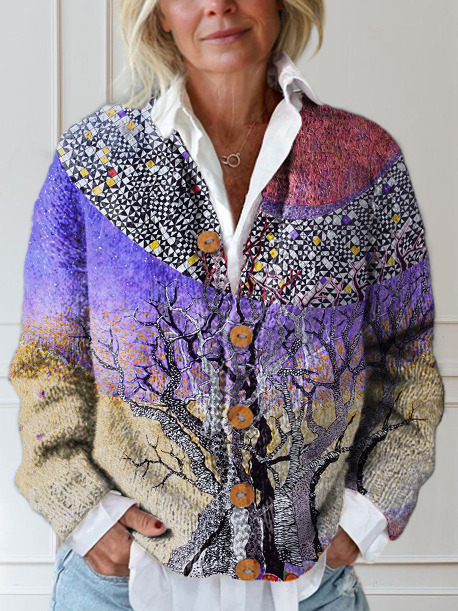 Women's Vintage Tree Pattern Art Print Buttoned Cardigan Sweater