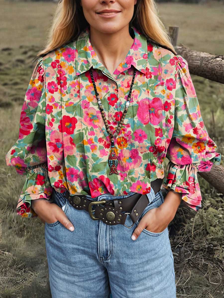 Women's Retro Floral Lapel Long Sleeve Pleated Casual Cotton and Linen Shirt