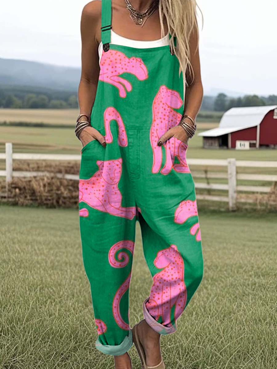 Women's Lovely Leopard Art Print Casual 100% Cotton Wide Leg Jumpsuit