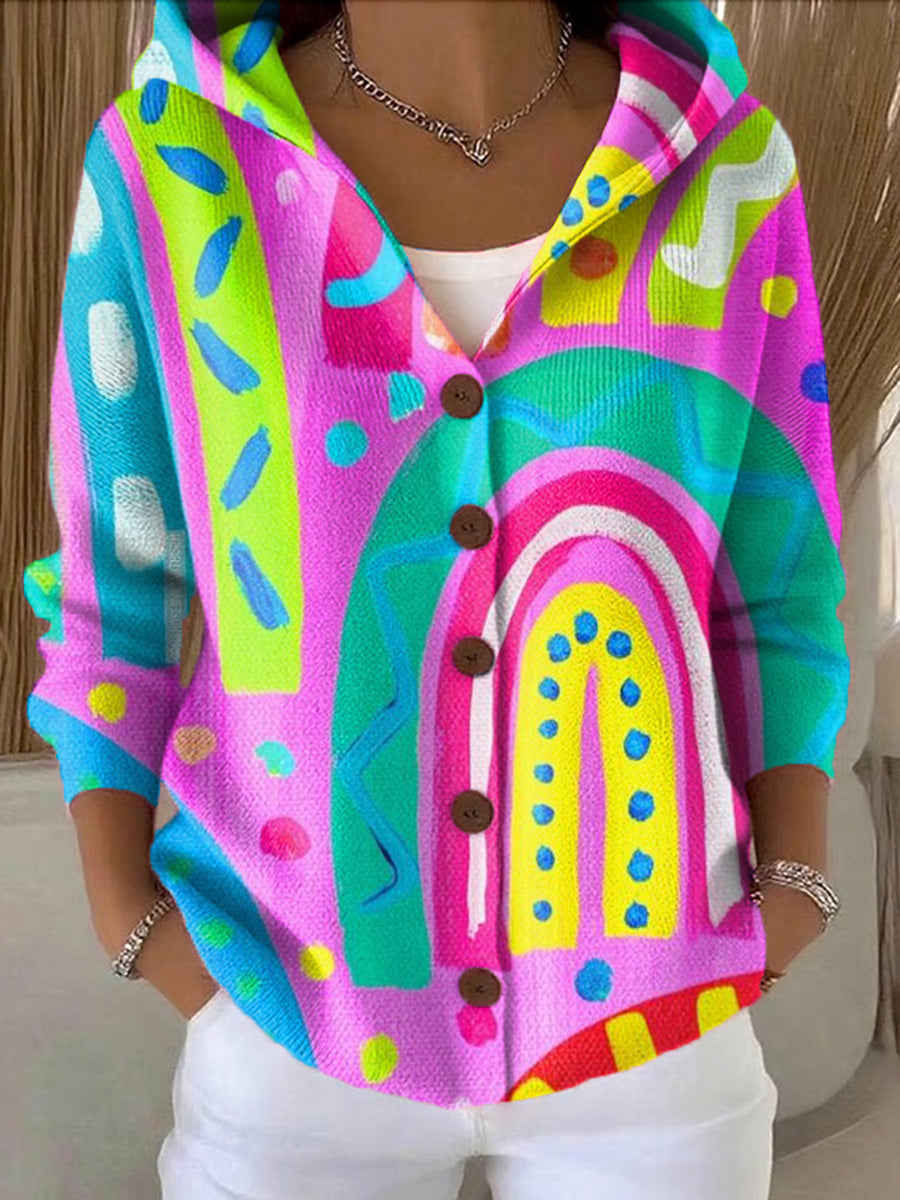 Women's Beautiful Colorful Abstract Arch Graffiti Painting Art Print Casual Hooded Button Sweater
